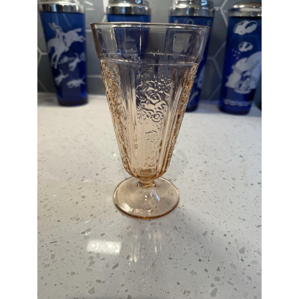 Federal Sharon Cabbage Rose Pink 6 3/4" Footed Ice Tea Tumbler Depression Glass
